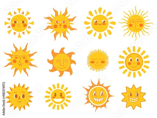 Yellow sun characters. Smile sun, summer weather emoticon. Cute comic cartoon faces, happy sunny holiday symbols. Sunshine, doodle seasonal neat vector set