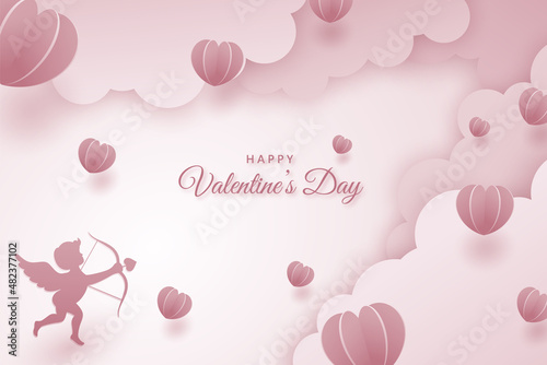 Paper art style valentines day background with cupid and heart illustration © CLton