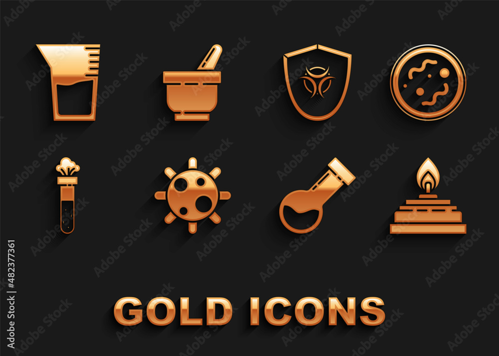 Set Bacteria, Alcohol or spirit burner, Test tube and flask chemical, Biohazard symbol on shield, Laboratory glassware beaker and Mortar pestle icon. Vector Set Bacteria, Alcohol or spirit burner, Test tube and flask chemical, Biohazard symbol on shield, Laboratory glassware beaker and Mortar pestle icon. Vector