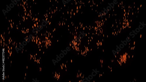 Glowing flying ember, burning ash particles. Hot fire sparks isolated. 4K animation of flying coals from the flame.