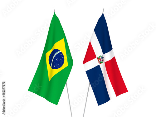 National fabric flags of Brazil and Dominican Republic isolated on white background. 3d rendering illustration.