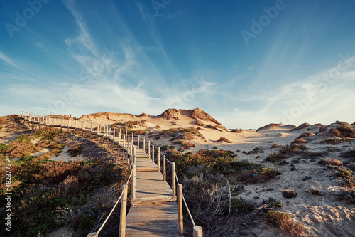 Fototapeta Naklejka Na Ścianę i Meble -  Wooden pedestrian walkway through Sintra-Cascais natural park. Wild sandy landscape, with part of Cresmina Dunes. Beautiful scenery in Portugal.