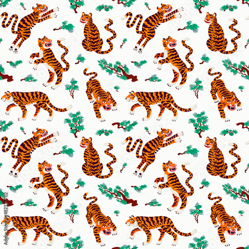 Tiger seamless pattern, vector animal print with cute tigers and Japanese pine branches. Organic flat style vector illustration.