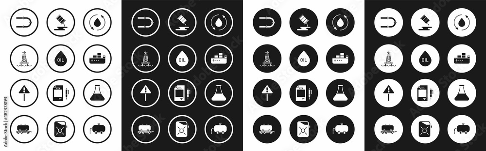 Set Oil drop, rig with fire, Industry pipe, tanker ship, Barrel oil leak, petrol test tube and Exclamation mark in triangle icon. Vector