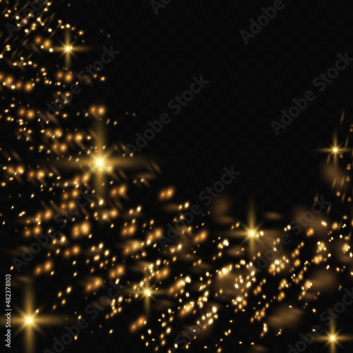 Vector gold glitter particles background effect, shining star. Stardust sparks in an explosion on a transparent background.