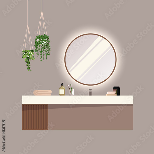 Modern cozy bathroom interior. Stylish bathroom with illuminated round mirror, cosmetics, toothbrushes, towel, houseplants, white porcelain sink and wooden wall cabinet. Stock vector illustration.