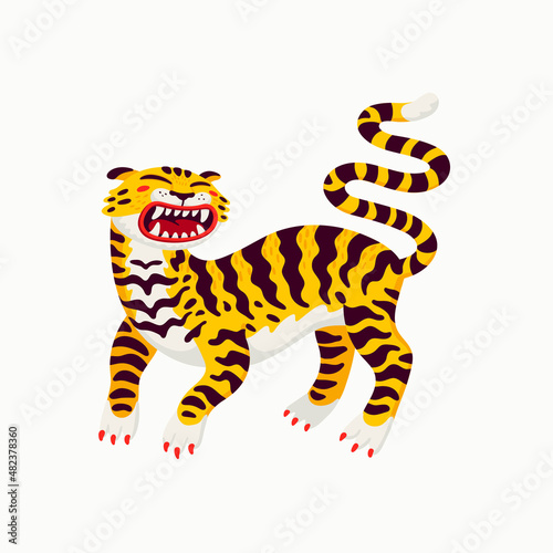 Tiger vector illustration  cartoon yellow tiger - the symbol of Chinese new year. Organic flat style vector illustration on white background.