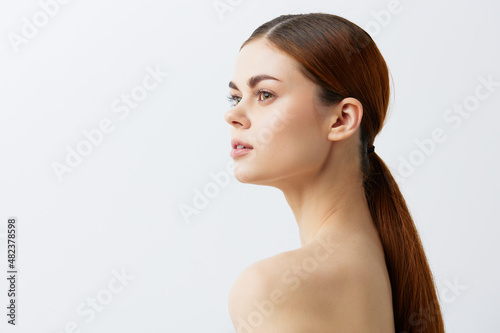 young woman smiling woman bare shoulders clean skin charm isolated background