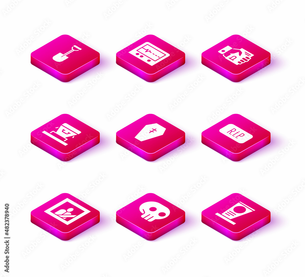Set Mourning photo frame, Skull, Coffin, with cross, Grave tombstone, Speech bubble rip death, Death certificate hand and Beat dead monitor icon. Vector Set Mourning photo frame, Skull, Coffin, with cross, Grave tombstone, Speech bubble rip death, Death certificate hand and Beat dead monitor icon. Vector