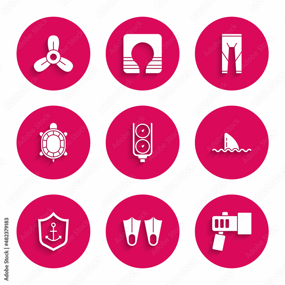 Set Gauge scale, Rubber flippers, Flashlight, Shark fin in ocean wave, Anchor inside shield, Turtle, Wetsuit and Boat propeller, turbine icon. Vector Set Gauge scale, Rubber flippers, Flashlight, Shark fin in ocean wave, Anchor inside shield, Turtle, Wetsuit and Boat propeller, turbine icon. Vector