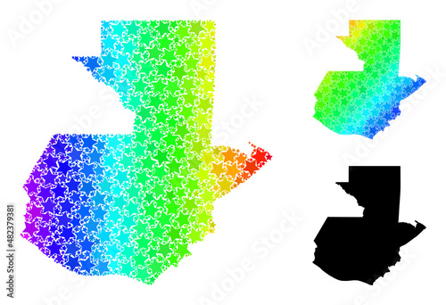 Spectral gradient starred mosaic map of Guatemala. Vector vibrant map of Guatemala with spectral gradients. Mosaic map of Guatemala collage is constructed with scattered colored star elements.