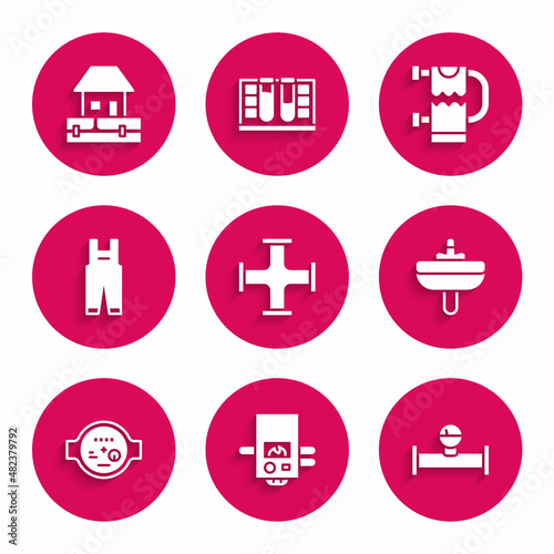 Set Industry metallic pipe, Gas boiler, and manometer, Washbasin, Water, Work overalls, Heated towel rail and supply pipes icon. Vector