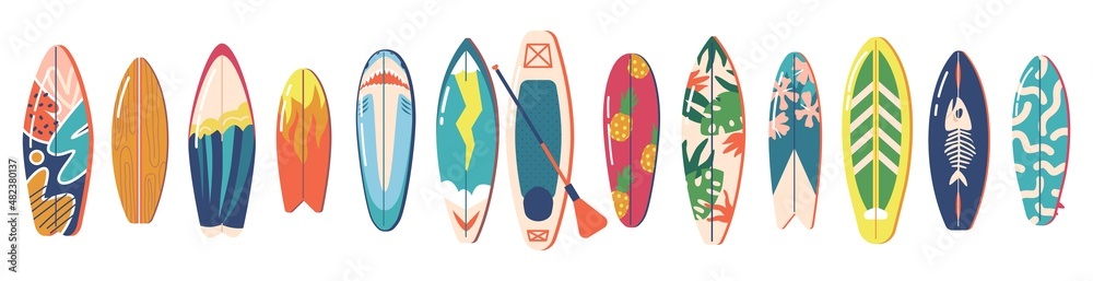 Set of Surfboards with Different Bright and Unusual Pattern Designs. Various Surf Desks, Surfing Boards Collection - obrazy, fototapety, plakaty 