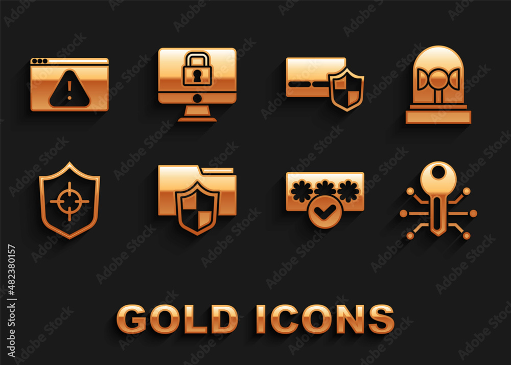 Set Document folder protection, Flasher siren, Smart key, Password, Shield, Credit card with shield, Browser exclamation mark and Lock monitor icon. Vector Set Document folder protection, Flasher siren, Smart key, Password, Shield, Credit card with shield, Browser exclamation mark and Lock monitor icon. Vector