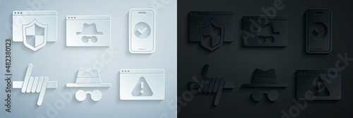 Set Incognito mode, Smartphone, Barbed wire, Browser with exclamation mark, incognito window and shield icon. Vector