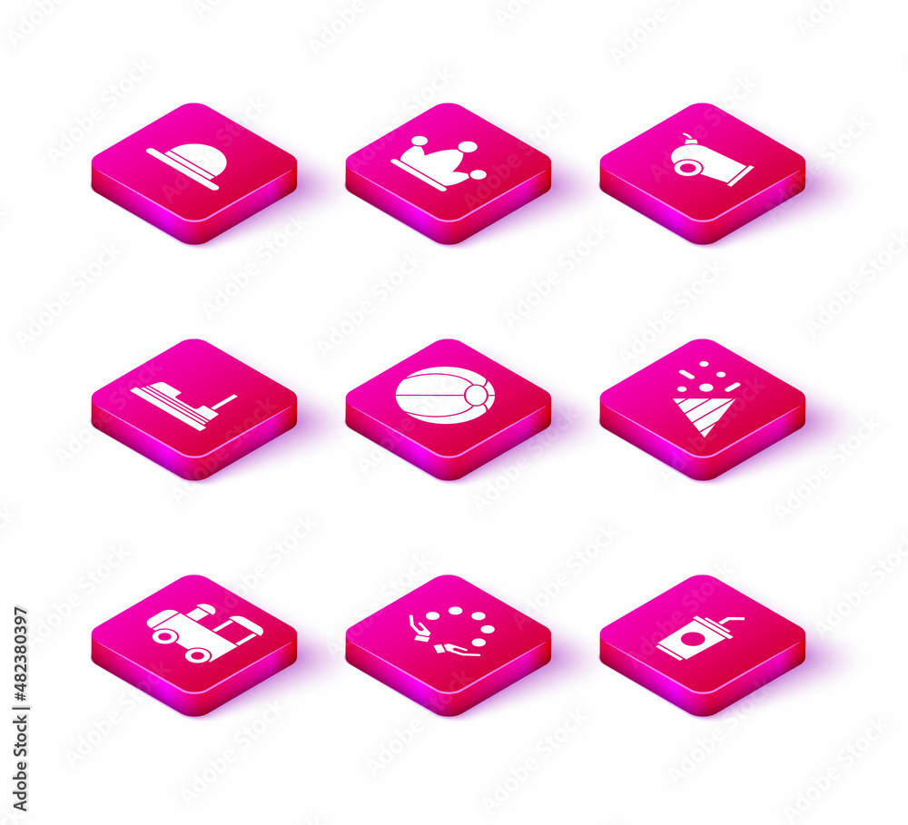 Set Toy train, Juggling ball, Bumper car, Beach, Paper glass with water, Festive confetti, Cannon and Jester hat bells icon. Vector