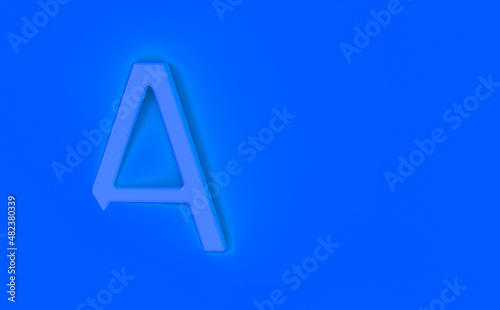 Letter A Is Azure on Azure background. Part of letter is immersed in background. Horizontal image. 3D image. 3D rendering.
