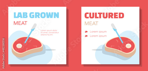 Lab grown meat social media post banner set, cultured beef advertisement concept, vitro food marketing square ad, synthetic technology flyer, futuristic leaflet, isolated