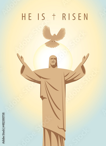 Easter banner or greeting card with the resurrected Jesus Christ with a shining halo, outstretched arms and a flying dove. Vector illustration on a religious theme with the inscription He is risen
