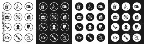 Set Emergency car, Joint pain, knee pain, Man without legs sitting wheelchair, Elevator for disabled, Intercom, Blind human holding stick, Braille and Prosthesis icon. Vector