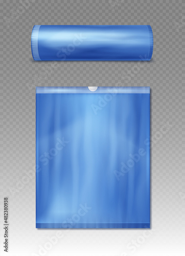 Blue plastic bag for trash and garbage. Vector realistic mockup of polyethylene trashbag  isolated on transparent background