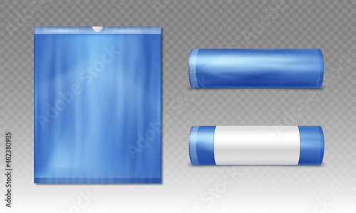 Blue plastic bag for trash and garbage. Vector realistic mockup of polyethylene trashbag  isolated on transparent background.