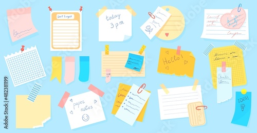 Cartoon sticky notes. Cute scrap notepad for noting, coloured isolated sticker, paper list school notebook, noticeboard, office memo stickers, vector illustration