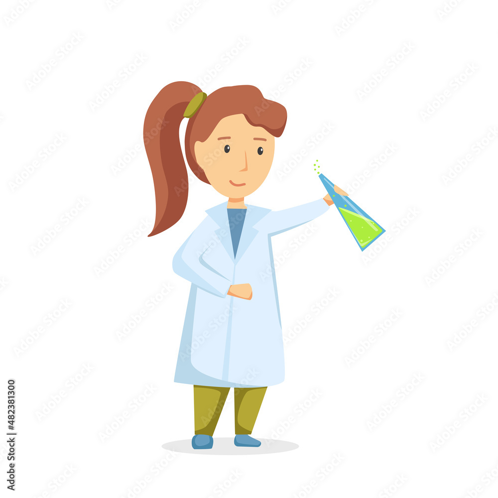 Scientist girl. Girl in the chemistry lab. Vector cartoon illustration