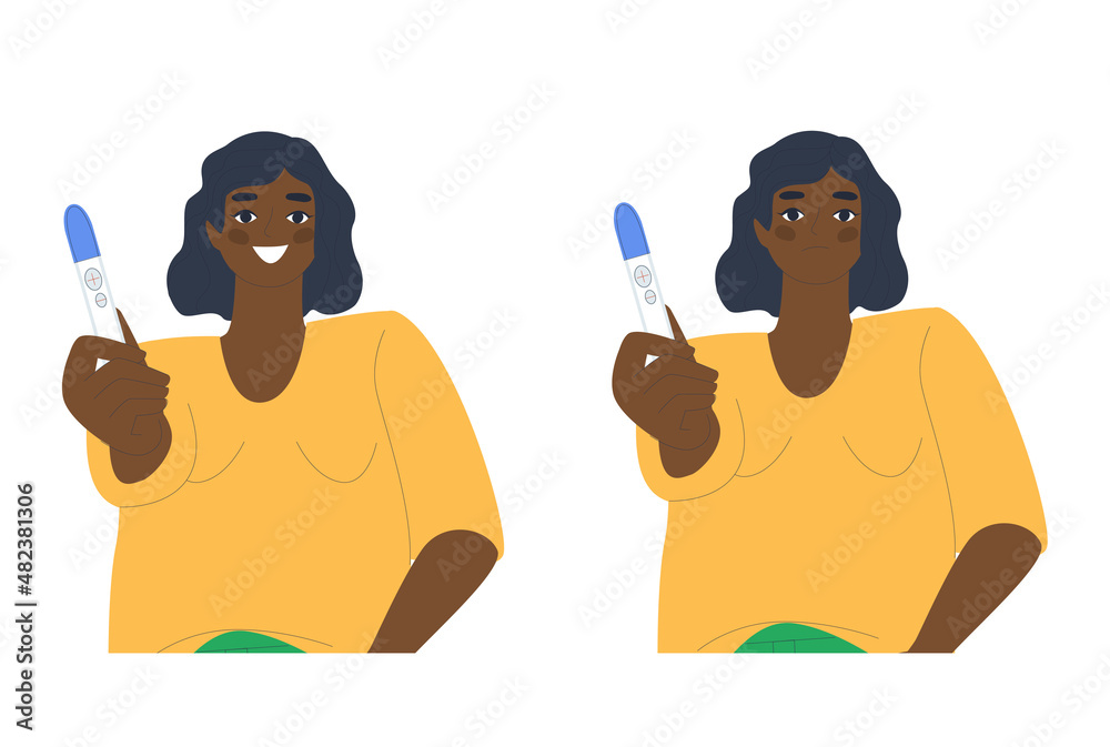 A young black woman shows a positive pregnancy test. Emotion of joy, emotion of sadness. Unplanned pregnancy. Flat vector illustration