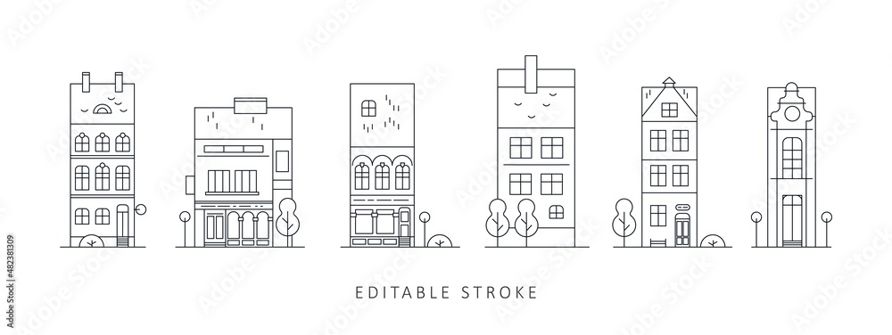 Neighborhood line art house icons. City street with buildings in front, trees and street elements. Urban minimalism scene in flat style. Editable stroke illustration.