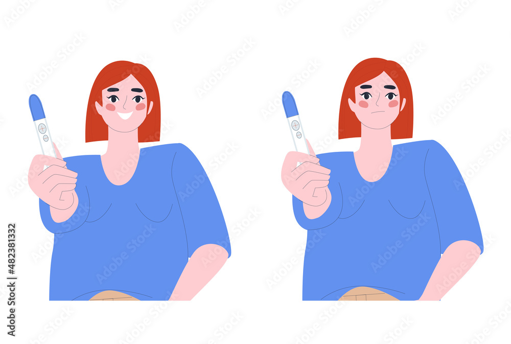 A young woman shows a positive pregnancy test. Emotion of joy, emotion of sadness. Unplanned pregnancy. Flat vector illustration A young woman shows a positive pregnancy test. Emotion of joy, emotion of sadness. Unplanned pregnancy. Flat vector illustration