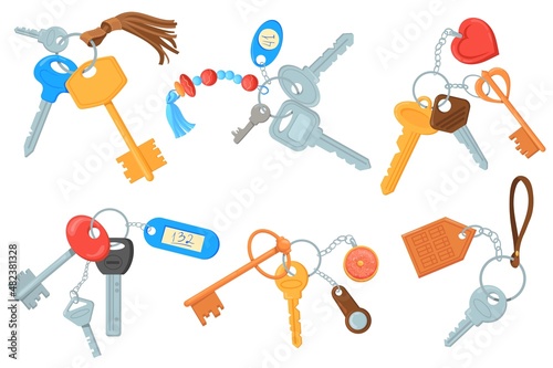 Cartoon keyrings. Apartment keys with keychain, doodle key chain pendant, home keychains and keyholders collection, keyring loss protection, real estate house neat pocket accessory