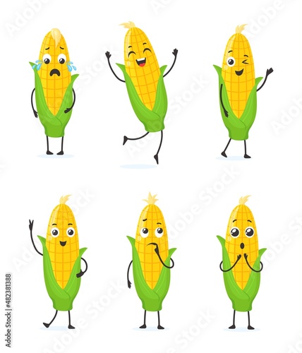 Maize emoji. Cartoon cute corn character, funny corncob emoticons collection sad smile cheerful love surprised sweetcorn, health vegetable food cob plants, neat vector illustration