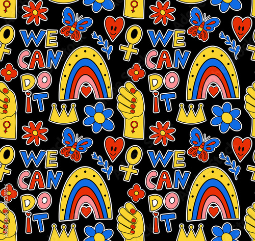 Girl power seamless pattern with fashion patch badges. Feminism. Female power and solidarity background. Retro 70s style funny, groovy cartoon backdrop. Vector illustration