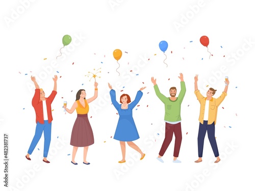 Friends celebrating event. People dancing and toasting celebrates holiday party with balloons confetti, cheers congratulations, vector illustration