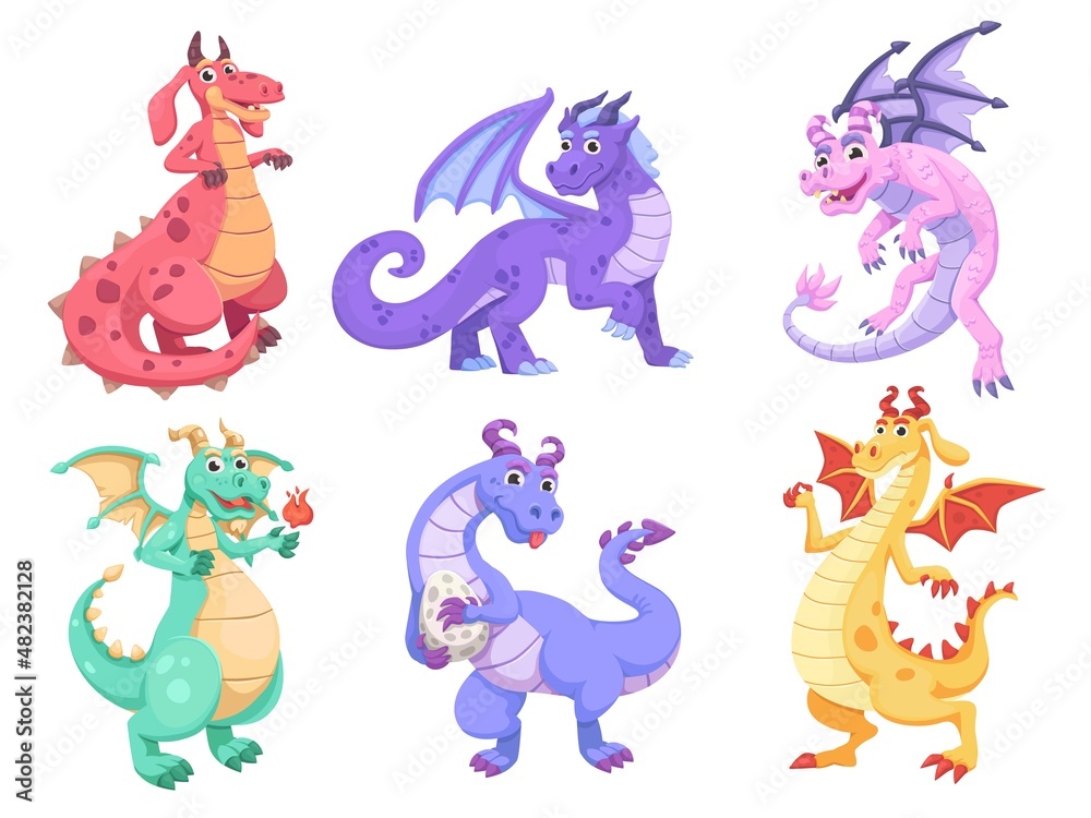 Magic flying dragons. Cartoon fairy creature, funny fantasy creatures characters, fairytale animals, reptiles collection, fire dragon, fly mascot cute baby imagination utter vector