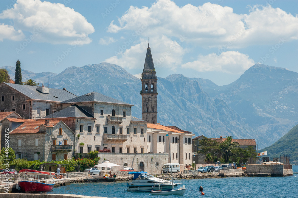 View of the Perast Old Town and Saint Nicholas church, Bay of Kotor, Montenegro