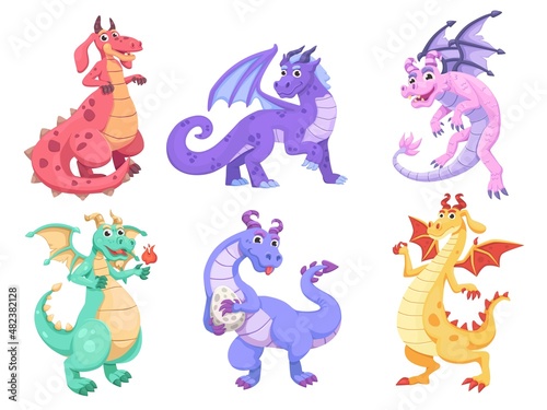 Magic flying dragons. Cartoon fairy creature  funny fantasy creatures characters  fairytale animals  reptiles collection  fire dragon  fly mascot cute baby imagination utter vector