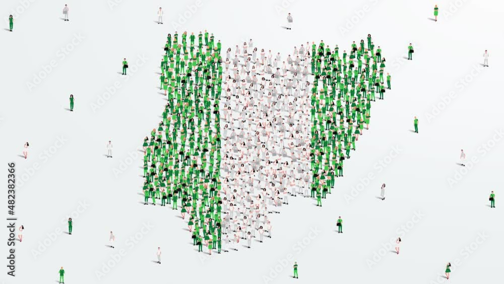 Nigeria Map and Flag. A large group of people in the Nigeria flag color form to create the map. 4K Animation Video.