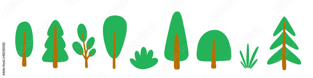 Vector set with 9 plants: trees, grass, bush. Cartoon isolated illustrations for your design, sticker, pattern.