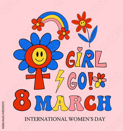 8 March international women's day greeting card. Girl power, Feminism. Female power and solidarity, women's poster template for your design of retro 70s hippie style elements. vector illustration