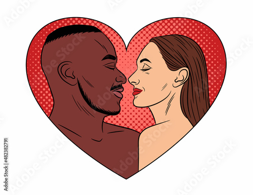 Color vector illustration in pop art style. Interracial couple look at each other passionately. Postcard for Valentine's Day. African American man and white woman together inside of heart frame