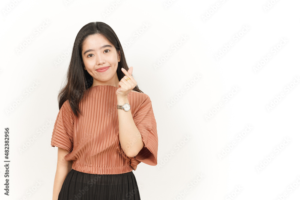 Showing Korean Love Finger Of Beautiful Asian Woman Isolated On White Background Showing Korean Love Finger Of Beautiful Asian Woman Isolated On White Background