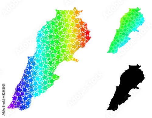 Spectral gradiented star collage map of Lebanon. Vector vibrant map of Lebanon with spectral gradients. Mosaic map of Lebanon collage is formed with scattered colorful star elements.