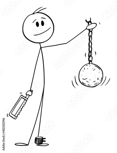 Person Removed Ball and Chain From His Leg, Escaped for Freedom Vector Cartoon Stick Figure Illustration