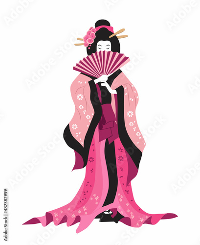 Schilderij op canvas Japanese woman in a national costume with a fan in her hands