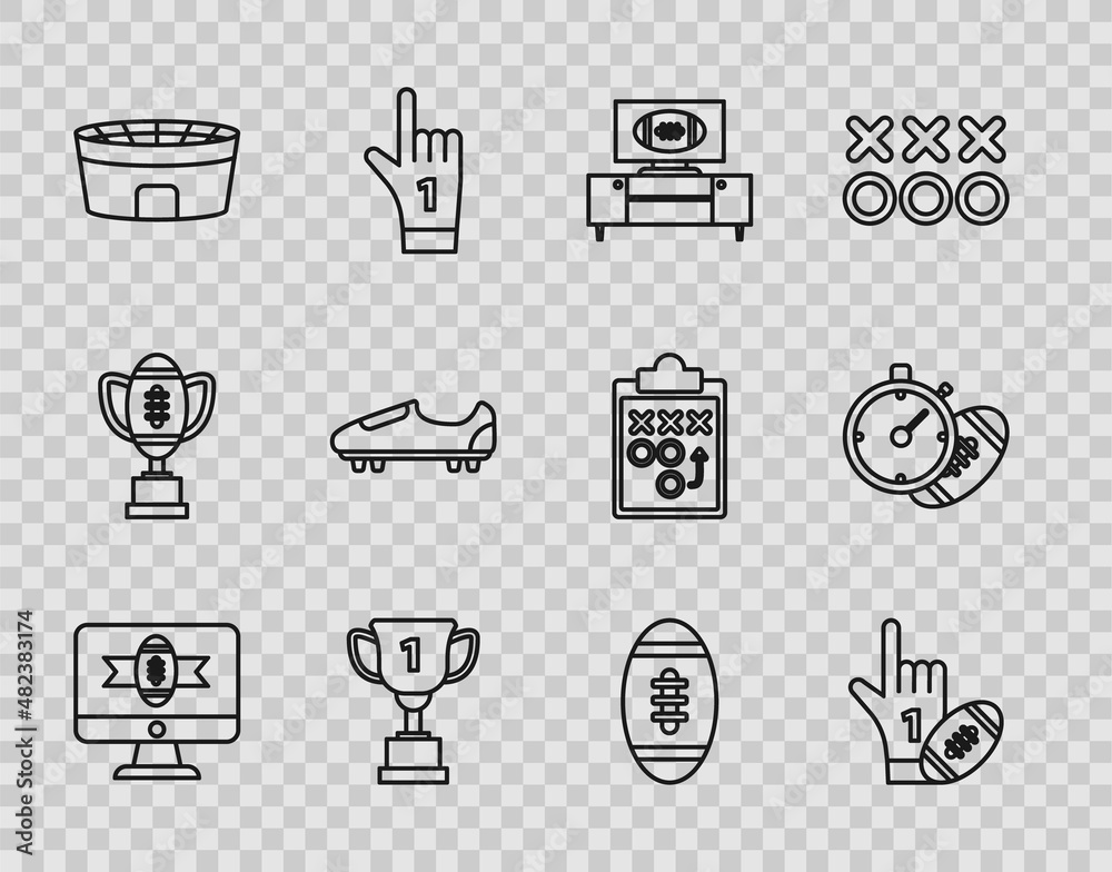 Set line American football on tv program, Number 1 one fan hand glove with finger raised and american, stand, Award cup, Football stadium, Soccer or shoes spikes, and stopwatch icon. Vector Set line American football on tv program, Number 1 one fan hand glove with finger raised and american, stand, Award cup, Football stadium, Soccer or shoes spikes, and stopwatch icon. Vector