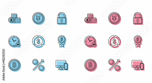 Set line Cryptocurrency coin Bitcoin, Percent up arrow, Computer monitor and mobile phone, Coin money with dollar symbol, Reward for good work, Clock 24 hours and Yen icon. Vector