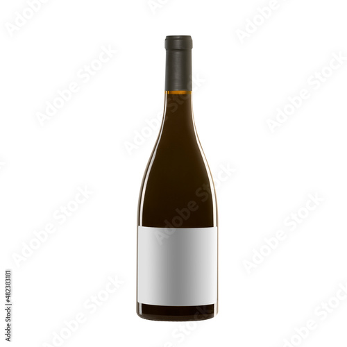 red wine bottle with blank label isolated on white background.