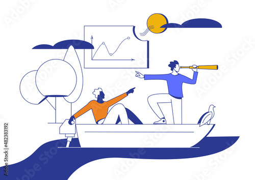Business leadership and visionary to lead company success, career direction or work achievement concept. Two businessmen in boat sailing in the direction of success